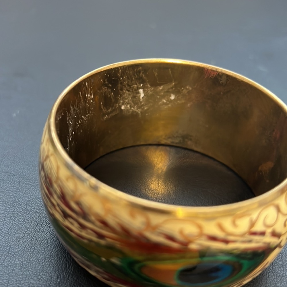 Vintage Gold and Cream Enamel Bangle Bracelet, Peacock Feather, Boho, Retro - Picture 7 of 9